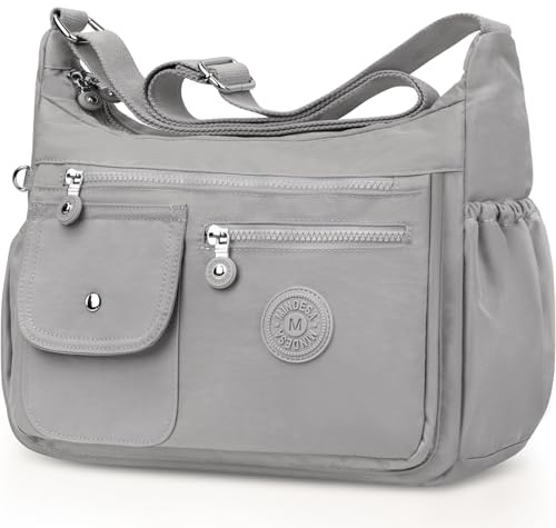 BTNEEU Borsa Tracolla Donna Nylon Borse Donna Tracolla Impermeabile Grande Borsa Multitasche Crossbody Bag Messaggero Borse Casuale Borsetta a Spalla per Lavoro Sportiva Viaggio Scuola (Grigio-bianco)