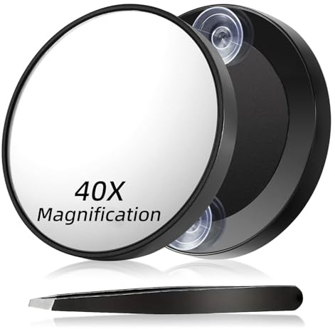 IGXX Espejo de Aumento 40X con 2 ventosas, Espejo Compacto de Viaje para Maquillaje preciso y depilación de Cejas, Espejo de Bolsillo de 8,8 cm con Pinzas, Negro