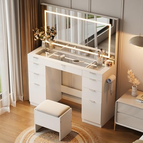 Warmiehomy Dressing Table with Large LED Adjustable Brightness Mirror and Stool Vanity Table with 9 Drawers Storage,Adhesive Hair Dryer Rack and Built-In USB Outlet White Makeup Desk(117x40x142cm)