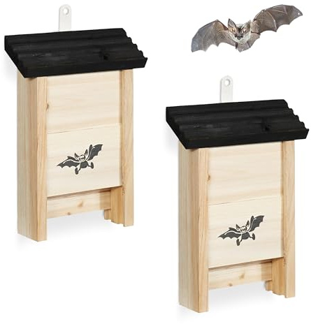 Relaxdays Fledermauskasten, 2er Set, Unterschlupf für Fledermäuse, unbehandeltes Holz, HBT 25 x 18 x 6 cm, Natur/schwarz