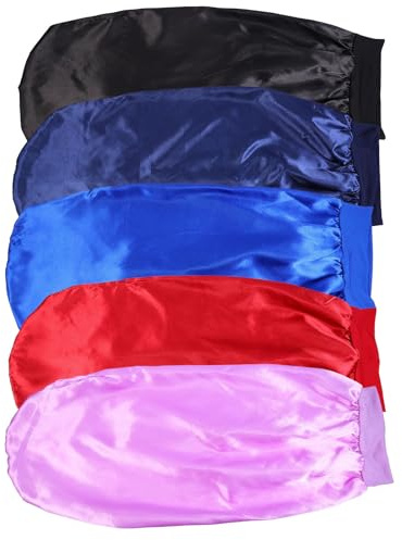 Toyvian 5pcs Women’s Long Satin Sleep Caps Elastic Hair Wraps for Bath and Shower, High Elasticity Wide-brimmed Bonnets in Black, Navy, Wine Red, Light Purple, and Royal Blue, Suitable