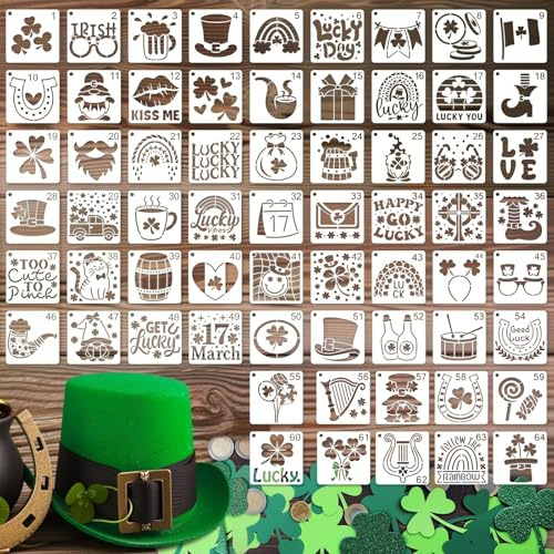 64 plantillas para el Día de San Patricio, juego de plantillas de dibujo reutilizables para manualidades, tarjetas, álbumes de recortes