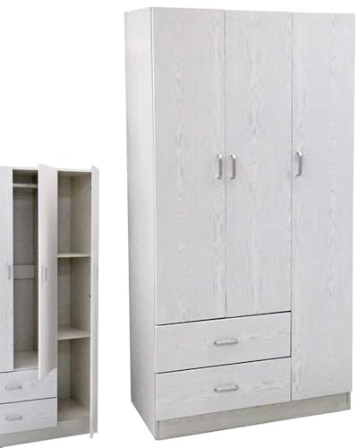 MA MAISON Armadio Guardaroba - 3 Ante, 2 Cassetti, Ripiani, Appendiabiti Alto, Maniglie, Struttura in Legno Truciolare, Spazioso, Salvaspazio, Cabina Armadio Grande - 120 x 52 x 190 cm