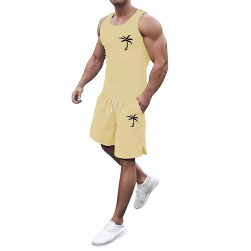 Survêtement d'été pour homme - 2 pièces - Tenue de sport - Débardeur à manches courtes - Pantalon court - Ensembles de loisirs - Col rond - Haut - Short de jogging confortable, R jaune, L