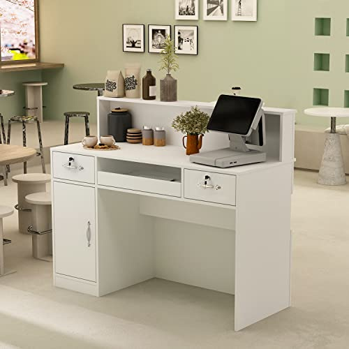 PREMTURE Bancone per ricevimento, bianco, 50 x 120 x 100 cm, bancone con cassetti per riporre oggetti, ideale per hotel, negozio di abbigliamento, pasticceria e negozi di frutta