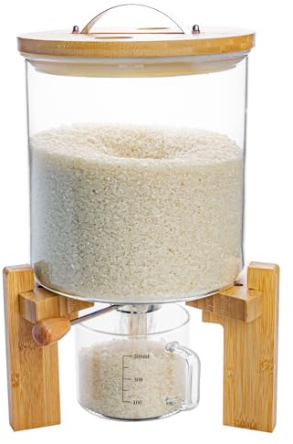 Aprilhp Rice Dispenser, Rice Storage Container, Flour and Cereal Container for Kitchen Organization and Pantry Store, Glass Cereal dispenser with Airtight Lid and Wooden Stand 5L