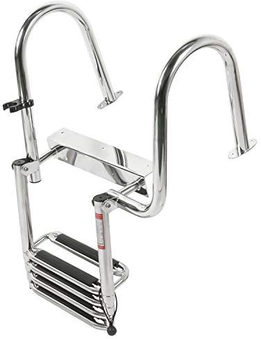Amarine Made 4 Steps Dock Ladder Removable Premium Stainless Folding Rear Entry Pontoon Boat Ladder Extra Wide Step-Right
