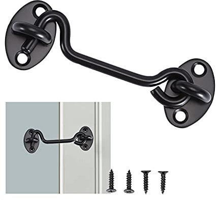 Black Cabin Hook and Eye Latch - Stainless Steel Gate Hook Lock with Mounting Screws for Shed Gate or Garage Door