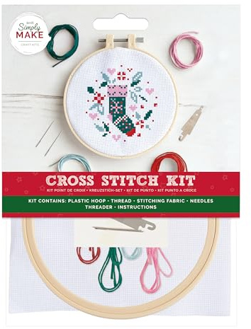 Simply Make Cross Stitch Kit - Stocking Design for Kids and Adults, Including Hoop, Embroidery Thread, Fabric and Needle - Perfect for Adult Crafts and Beginners - Starter Cross Stitch Craft Kit