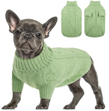 Queenmore Pull Chien Moyen Bouledogue Français Chaud Pull-Overs pour Chiens Pull Chihuahua Manteau Teckel Vetement pour Chien Chat d'hiver, Vert, M