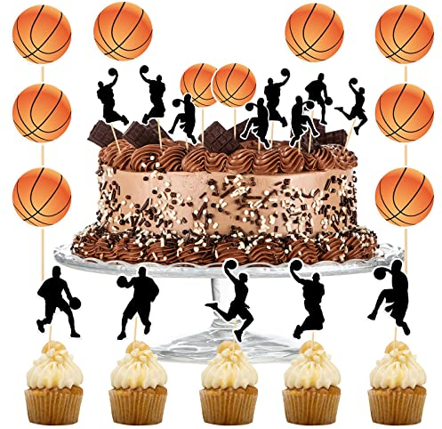 TIESOME Decorazioni per cupcake a tema basket, 24 pezzi, a forma di pallacanestro, per feste a tema basket, feste di compleanno, decorazioni per torte