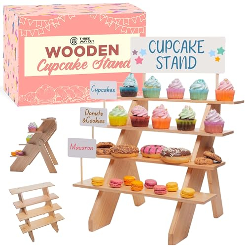 Cupcake-Ständer aus Holz – Holzständer für Desserttisch, Holzständer für Lebensmittel, kleine Sammlerstücke, Kerzen, Buffet, Catering, Bäckerei, Cupcakes, Leiter, abgestuftes Regal, 4 Etagen,