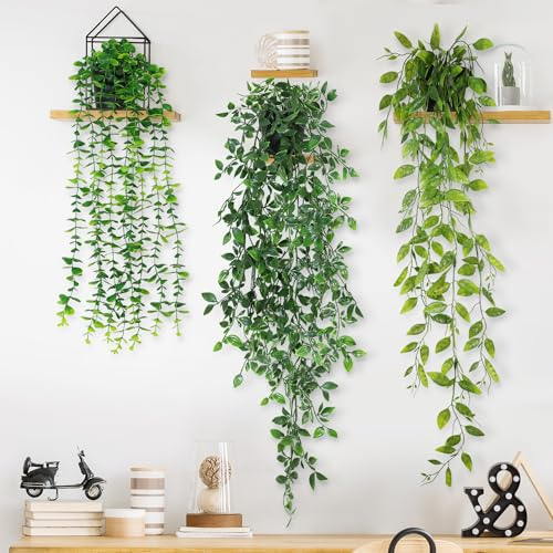 BEKOMIYA Hängepflanze Künstlich, 3 Stück Kunstpflanze Hängend mit Töpfen Künstliche Pflanzen Eukalyptus Blätter 65cm Lang, Kunstpflanzen wie Echt, Fake Plant für Büro, Garten, Party, Wanddekoration