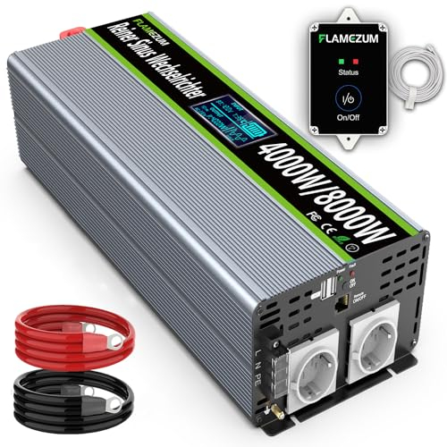 4000W Power Inverter Onda Sinusoidale Pura Transformatore di Tension Convertitore DC 12v in AC 220v Invertitore di Tensione-2 EU Presa con Uscita USB Telecomando Adatto per frigoriferi, Elettrosega