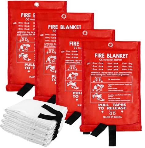JOLIGAEA 4 Pièces Couvertures Anti-feu Ignifuge pour Maison Cuisine, 1m x 1m Couverture Anti Feu en Fibre de Verre, Couverture Incendie, Couverture de Secours pour Cuisine Cheminée Barbecue