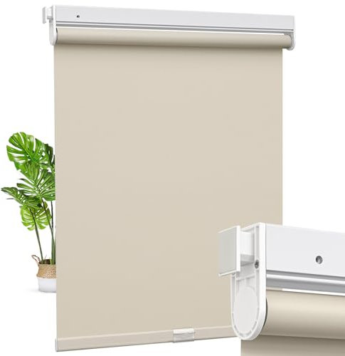 Moonice Cordless Roller Blinds No Drill No Tools Roller Blinds Blackout Shades with Heat Insulation Easy to Install Waterproof Window Shades for Home Ofiice Bathroom (Khaki, Custom Size)