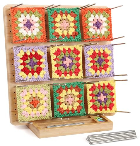 Coopay Grande Planche de Blocage Crochet, 29x29cm Bloqueur Granny Square Crochet, Planche Blocage Crochet Carré Granny en Bois, Accessoires de Crochet Tricot, avec 30 Tiges de Métal