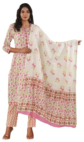 IMTRA FASHION Set di Pantaloni Dritti Kurta per Abito da Donna in Cotone Indiano con Dupatta (Bianco-XX-Large)