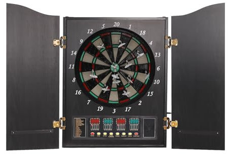 Treeisland Elektronische Dartscheibe mit LED-Anzeigen, Dartboard Kabinett mit 27 Spielen und 243 Varianten, E-Dartscheibe für bis zu 16 Spieler