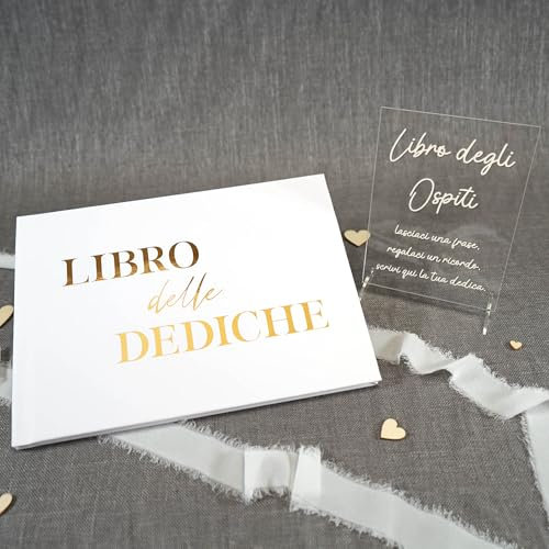PHOTOCITY Libro degli Ospiti con Targa in plexiglass, Libro degli Ospiti con Pagine Bianche, Libro delle dediche 30x20 cm 50 Fogli Bianchi (Libro delle dediche Oro, Italiano)