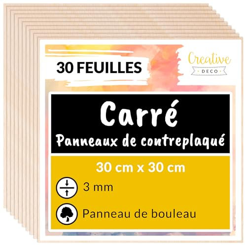 Creative Deco 30 x Contreplaqué 3mm Carré | 300 x 300 x 3mm (+/- 2mm) | Planche Bois Brut Bouleau | Panneau Feuille Découpe Laser | Bois pour Pyrogravure, Gravure, Cricut, Maquette