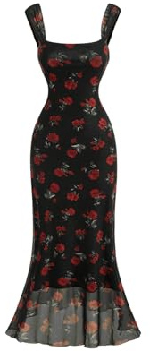 GORGLITTER Women's Floral Square Neck Maxi Fishtail Dress Flowy Sexy Mesh Evening Party Ruffle Long Dress Black S