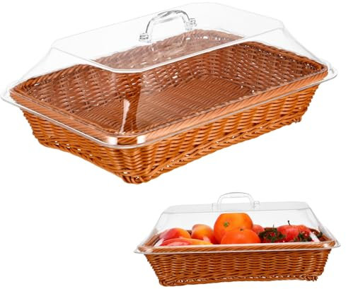 Alipis Square Rattan Bread Basket Lid 35x25x15cm, Tea Color Woven Storage Basket for Kitchen and Picnic, Decorative Food Serving Tray