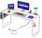 Coleshome Escritorio Blanca, 120x48cm Mesa Ordenador con 2 Tomas de Corriente y 2 Puertos USB de Carga, Mesa de Oficina con Soporte para Auriculares y Bolsa de Almacenaje para Casa, Oficina