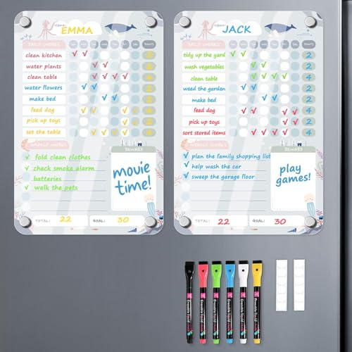 BIROYAL Chore Chart for Kids Multiple Kids, 2 Pack Magnetic Acrylic Chore Board 12x8 with Markers& Anti-Scratch Pads - Easy to Erase, Ocean Themed Design, Multifunctional Usage, for Fridge Family