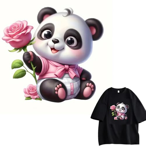 Panda with Pink Rose Iron On Transfers for T-Shirts Rub on Transfers Stickers Vinyl Ready to Press Stickers Iron on Decals for T-Shirts Clothing Hoodie DIY Crafts