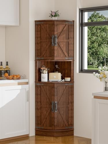 FiveWillowise Eckschrank, Hochschrank Schmal, Küchenschrank Hoch, Mehrzweckschrank mit 4 Türen und 5 Ablageflächen, 165cm Küchenschränke Schrank Holz für Küche, Wohnzimmer, Esszimmer, Braun