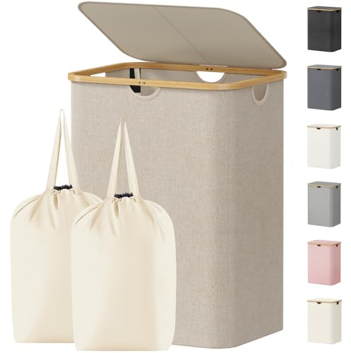 Lifewit Cesto para la Ropa Sucia de 150L con Tapa, Cesta para la Colada con Asas de Bambú y Una Bolsa Extraíble, Cesto de Ropa Plegable Grande para Dormitorio, Cuarto de Baño, Lavadero, Beige