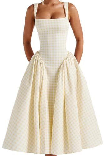 Lexamen Summer Gingham Long Dress Corset Square Neck Lace Up Casual Sundress Backless A Line Short Dresses for Women (US, Alpha, Small, Regular, Regular, Yellow)