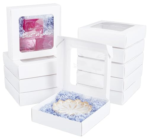BENECREAT 10 st vita minipapperslådor, PVC fönsterpresentaskar, fyrkantiga presentaskar för bröllopspresent, choklad, kakor och andra små hantverk, 15,7 x 16 x 4,5 cm