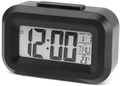 Digital Alarm Clock for Bedroom LED Display Clocks Small Travel Alarm Clock | Bedside Clocks Portable Battery Powered Clock with 12/24H Display Snooze Function Calendar Day Temperature Display, Black