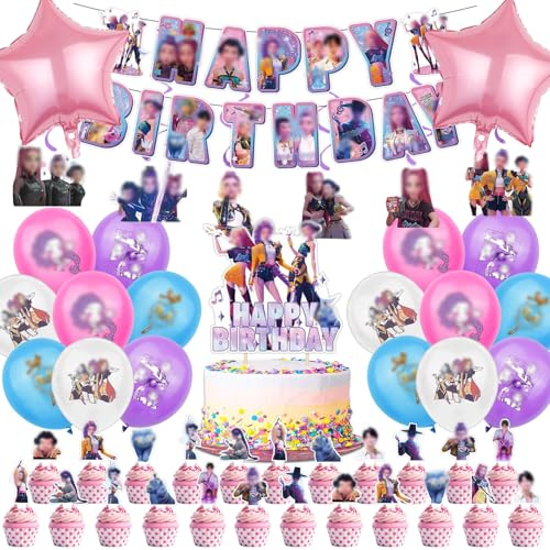 50 PCS Kit Compleanno Huntrs Bambini, Palloncini Decorazioni (A)