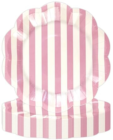 DHAIQC 50 Pcs Pink Striped Paper Plates 7-Inch, Disposable Scalloped Party Plates Blueand White Cake Dessert Dinner Plate for Picnic Happy Birthday Wedding Party Supplies (Pink)