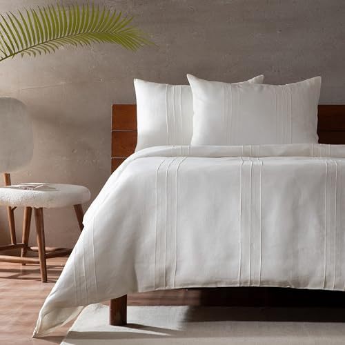 Whites of London | Heirloom Luxury Collection Linen Bedding Set | 100% French Linen | Hand-Guided Pintucked & Hemstitched Detail | 1 Duvet Cover & 2 Pillowcases (King, Ivory Pearl, Striped)