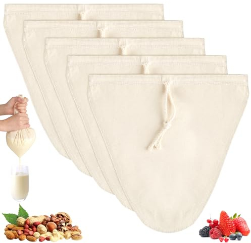 5 Stück Nussmilchbeutel aus Naturhanf, Passiertuch Beutel Wiederverwendbar (30x30cm), Filterbeutel Bio Waschbar mit Kordelzug für Nussmilch Hausgemachten Käse Obstsaft Kaffee (V-förmig)