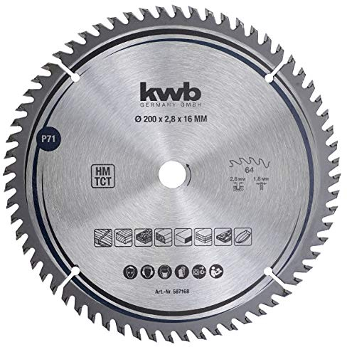 kwb 587168 Hoja de sierra circular de precisión para madera y madera dura, Hoja de Sierra de Precisión Fina, 200 x 16 mm