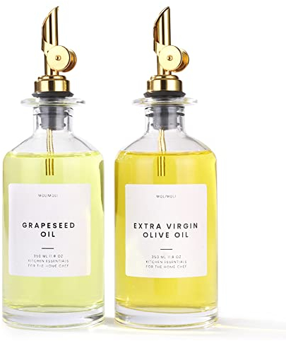 Molimoli Bouteille Distributrice d'Huile d'Olive pour Cuisine, Verseur Automatique, Bouteille en Verre pour Cuisine, Cruche à Huile d'Olive, | Ensemble de 2