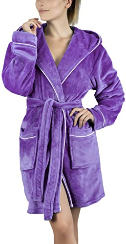 Gräfenstayn Bademantel Damen flauschig mit Kapuze - Kuschelfleece - Öko-Tex Standard 100 - Morgenmantel leicht & kurz - Größe (S, Lila)