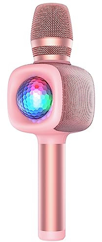 bopmen Microphone sans Fil Karaoké, Microphone Bluetooth Karaoké pour Enfants et Adultes, Micro karaoké Portable 4 en 1 avec Boule Disco LED pour fête KTV à la Maison/fête d'anniversaire（Or Rose）