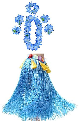 7 pièces Hawaïen Luau Hula，Herbe Jupe Ensemble Fleurs，pour Décoration Tropicale Fête Eté Plage.（Bleu）