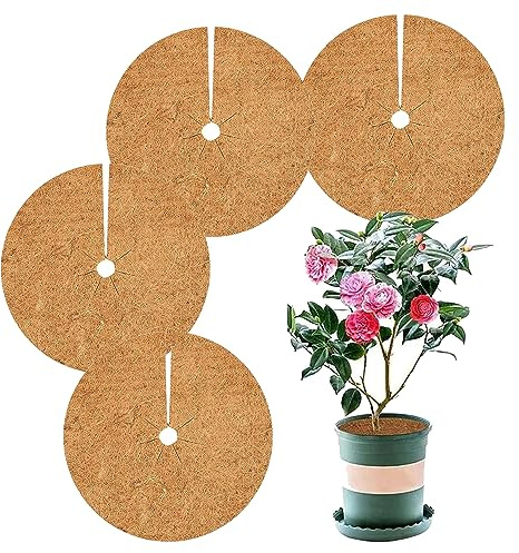 OMZSXK 4 pièces Disque de paillage en coco, Ø30cm Couverture de pot Protection hivernale pour plantes en pot, Tapis de protection des plantes en coco, Protection des plantes en coco, Couverture de pot
