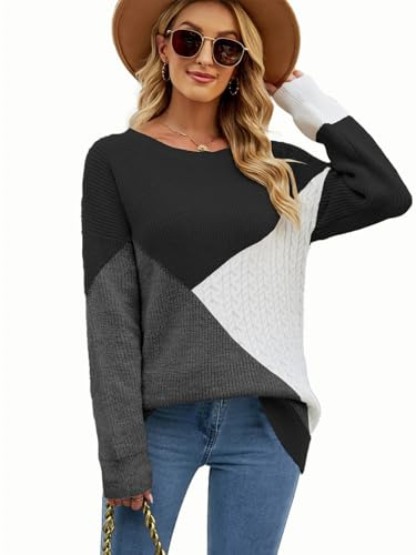 Pullover Suéter para Mujer Jersey Punto Mujer Cuello Holgada Cómoda Manga Larga Blusas Moda Suelto Jersey de Colores Patchwork Mujer Collage Sweatshirt Tops Otoño Invierno(Negro,L)