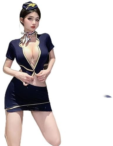 SHANHE Hôtesse de l'air Bureau Secrétaire Cosplay Costumes Lingerie Uniforme Ouvert Poitrine Top avec Mini Jupe Chaude Police Tentation-avec Bas,Taille Unique