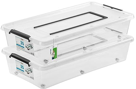 PAFEN 2x Unterbettkommode Aufbewahrungsbox 35L mit Rollen und Griff - 38,5 x 16 x 75,5 cm - Transparent Boxen Aufbewahrung Stapelboxen mit Verschlussclips Kunststoffbehälter