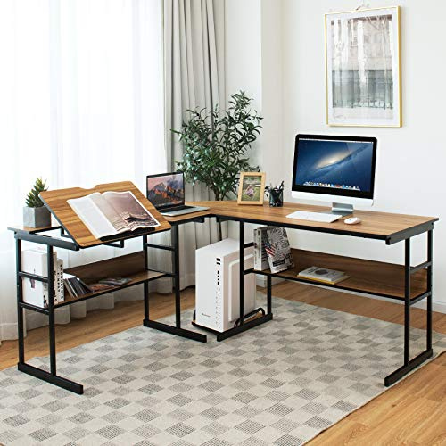 GIANTEX L-format hörnskrivbord med 2 hyllor, vilande bricka, centralstativ, utrymmesbesparande, industriell stil (valnöt) 170 cm