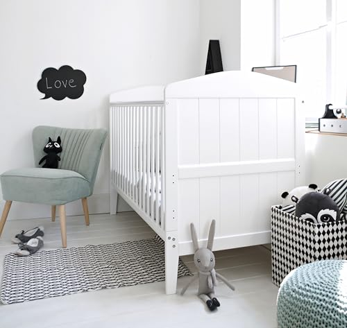 Woodies - Hampton Cot Bed - 2in1 - Baby-Umbaubett - Gitterbett + Juniorbett - 140x70 cm - Vintage/Retrostil - Höhenverstellbar - mit Lattenrost und Schlupfsprossen - Kinderbett - Holz - Weiß